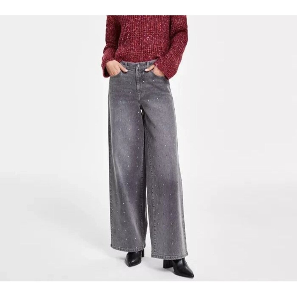 DKNY Jeans Womens Trendy High-Rise Rhinestone Wide-Leg Jeans Washed Noir Gray 25 - Picture 1 of 15